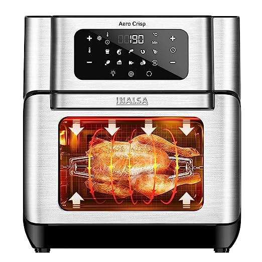 INALSA Air Fryer Oven Aero Crisp with 12L Capacity | Digital Display and Stainless Steel |10 Preset Program | Rotisserie Function and 1500 Watt |Free Recipe book|2 Year Warranty(Black) INALSA Air Fryer Oven Aero Crisp with 12L Capacity | Digital Display and Stainless Steel |10 Preset Program | Rotisserie Function and 1500 Watt |Free Recipe book|2 Year Warranty(Black)
